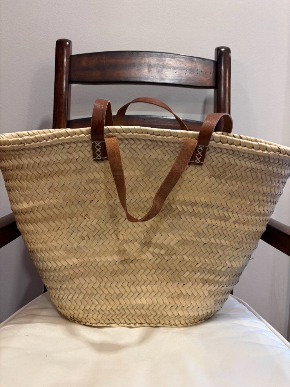 Irregular Woven Straw Tote Bag with Brown Leather Handles "C" - Picture 3 of 3